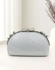 Glittering Bow Clasp Silver Clutch Bag